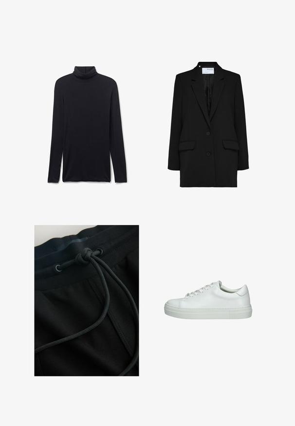 Sort blazer med enkeltstående design, to frontlommer og to knapper. Lavet af tekstureret stof med en glat inderside.; Sort langærmet rullekrave med tætsiddende pasform og glat stof, lagt fladt på en hvid baggrund.; Sorte joggerbukser med snøre i taljen og tekstureret stof, med fokus på glatte linjer og et minimalistisk design.; Hvide lædersneakers med glat tekstur, rund tå, flad gummisål og seks snørrehuller. Minimalistisk design uden yderligere dekorationer.