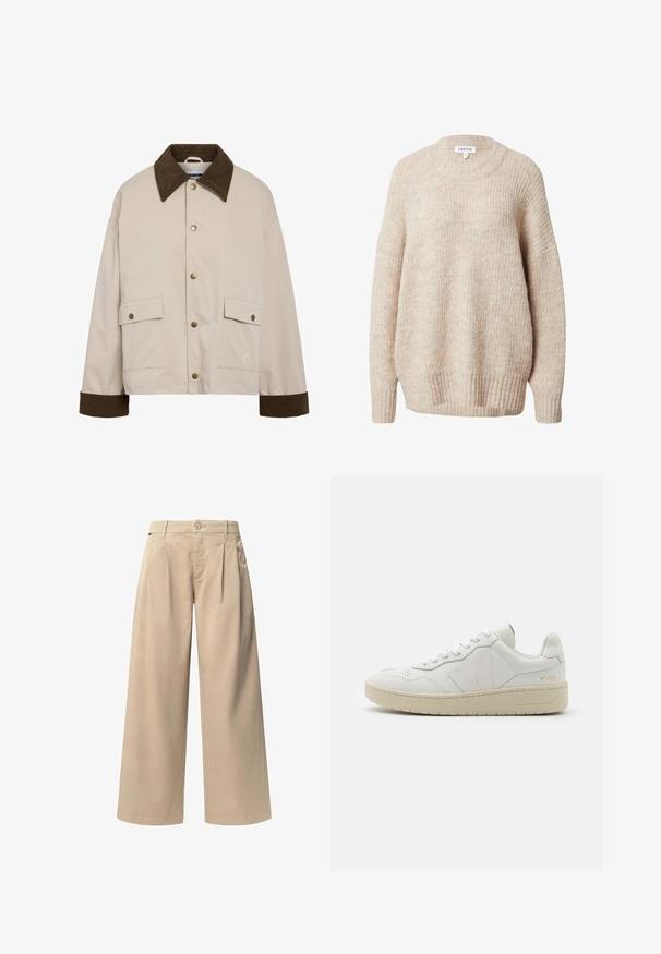 Noisy May NMNORA COLLAR JACKET - Lichte jas - silver; Beige gebreide trui met een ronde hals, verlaagde schouders en geribbelde manchetten en zoom. Heeft een gestructureerde, licht losse pasvorm.; Beige wijde broek met twee voorplooien, een knoopsluiting en een gladde textuur. Ontworpen voor comfort en een losse pasvorm.; Witte leren sneakers met geperforeerde teendoos, contrasterende beige rubberen zool en logo-accenten op de zijkant en hiel. Minimalistisch ontwerp.