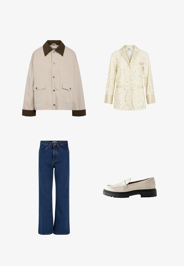 Noisy May Short - Leichte Jacke - silver; Elfenbeinfarbene Spitzenbluse mit langen Ärmeln, Satinkragen, Manschetten, Knopfleiste und drei Taschen, verziert mit floralen Ausschnittmustern.; Weite Jeans aus Denim in Dunkelblau, mit hoher Taille, Fronttaschen und kontrastierenden Nähten entlang der Nähte.; Beige Lackleder Slipper mit runder Zehe, robuster schwarzer Gummisohle und einem genähten Akzent an der Vorderseite.