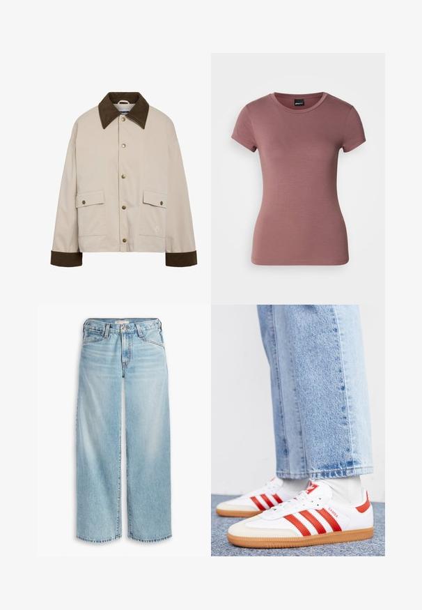 Noisy May Short - Letná bunda - silver; Krátky rukáv, priliehavé tričko v ružovej farbe vyrobené z mäkkej, elastickej tkaniny. Obsahuje okrúhly výstrih a hladkú textúru bez ozdôb.; Svetlomodré džíny s voľnými nohavicami vyrobené z denimu, s vysokým pásom, gombíkovým zapínaním a rozstrapkaným lemom. Viditeľné švy a vrecká.; Biele kožené tenisky s červenými pruhmi a akcentmi. Majú štruktúrovanú gumovú podrážku a polstrovaný golier. Nosené s svetlomodrými džínsami.