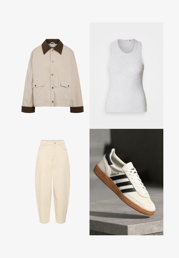 Noisy May Short - Letná bunda - silver; Svetlošedý rebrový top bez rukávov s okrúhlym výstrihom. Má priliehavý strih a nenápadné logo v blízkosti stredu. Mäkko textúrovaný.; Béžové vysokooválne džínsy so širokým strihom. Obsahujú päť vreciek, predný zips a zapínanie na gombík. Vyrobené z odolnej bavlnenej látky.; Biele semišové tenisky s námorníckymi pruhmi, gumovou podrážkou, textúrovaným zvrškom, okrúhlou špičkou a šnurovaním; obsahujú označenie na boku a jazyku.