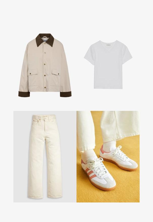Noisy May Short - Leichte Jacke - silver; Weißes kurzärmliges V-Ausschnitt-T-Shirt aus Rippstoff. Es zeichnet sich durch ein sauberes Design mit geradem Saum und minimalen Details aus.; Jeans mit weitem Bein aus offweißem Denim, mit hohem Bund, kupferfarbenen Nieten und klassischem Fünf-Taschen-Design. Strukturierter Stoff mit sauberen Säumen.; Weiße Sportschuhe mit pinken Akzenten, aus Wildleder und Leder, runde Zehenform und Gummisohle, dargestellt mit hellen Socken vor einem gelben Hintergrund.