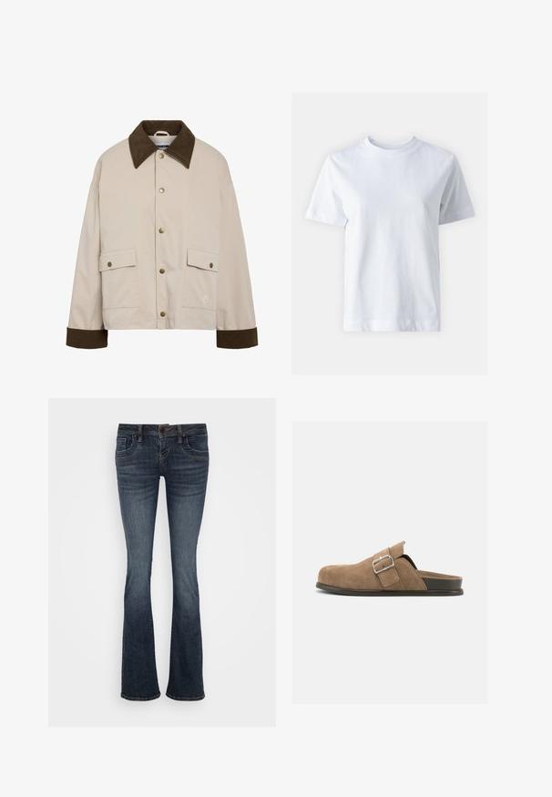 Noisy May NMNORA COLLAR JACKET - Let jakke / Sommerjakker - silver; Hvid bomulds t-shirt med rund halsudskæring, korte ærmer, lige snit og glat tekstur. Ingen mønstre eller dekorationer.; Mørkeblå vide jeans med mellemhøj talje, fem lommer og subtile stikningsdetaljer. Fremstillet af denim med en glat tekstur.; Brun ruskinds slip-on sko med sort sål og justerbar spænde-rem, set fra siden på en ens hvid baggrund.
