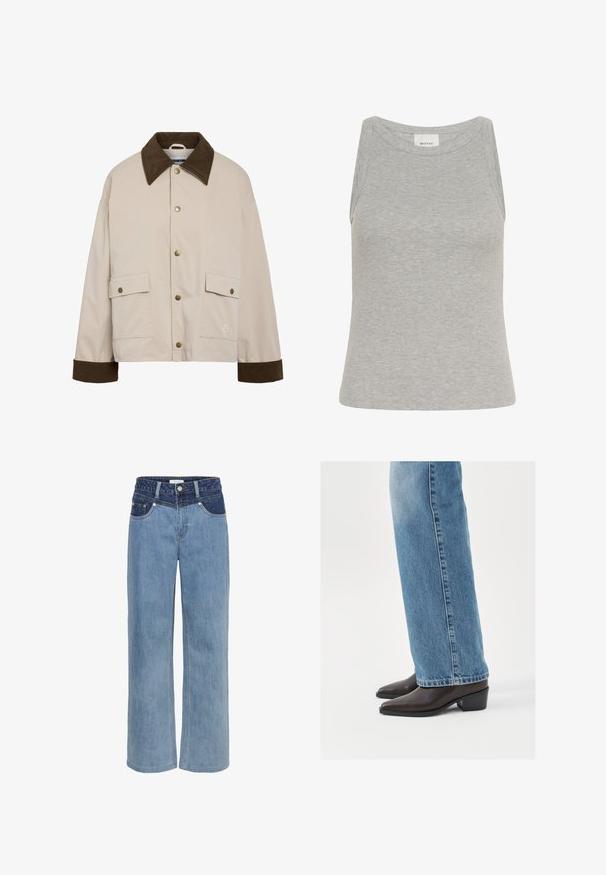 Noisy May Short - Letná bunda - silver; Sivé rebrované tielko s okrúhlym výstrihom a bez rukávov. Vyrobené z mäkkej látky, má priliehavý strih a minimálne švy.; Svetlomodré riflové nohavice s širokými nohavicami, vysokým pásom, piatimi vreckami a kontrastným tmavomodrým záplatou vpredu.; Hnedé kožené členkové topánky s špicatou špičkou a blokovým opätkom, skombinované so svetlomodrými džínsami rovného strihu, ukazujúce čistý a jednoduchý dizajn.