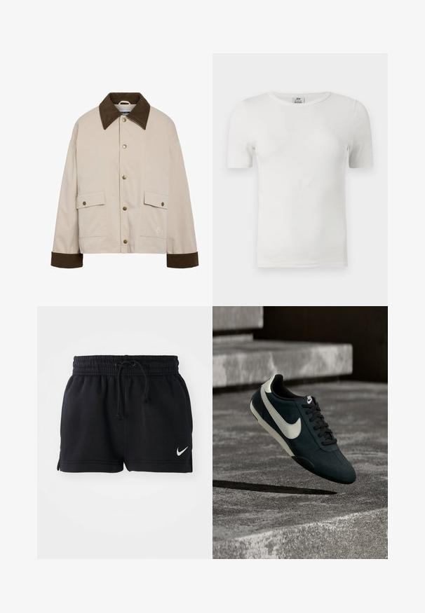 Noisy May Short - Suvejakk - silver; Valge soonikkoes lühikeste varrukatega ümara kaelusega T-särk, millel on istuv lõige ja JDY kaubamärgiga silt kaeluse sees.; Mustad mustad jalgpalli šortsid pehmest kangast, elastse vöökoha ja nööriga, külgslõhedega ning väikese valge logoga allservas.; Must-valge Nike tennisejalanõu paeltega, mis hõljub tekstuurse betoonpinna ja treppide kohal taustal.