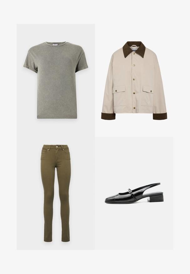 Noisy May Short - Suvejakk - silver; Faded roheline T-särk, lühikesed varrukad, ümar kaelus, pehme puuvillane materjal, veidi kulunud tekstuur, lõdva istuvusega.; Olivroheline kitsas lõikega teksapüksid, mis on valmistatud puuvilla segust, standardse taljega, viie tasku ja peente õmblustega õmbluste juures.; Mustast lakknahast slingback-king madala plokksandaali ja õhukese rihmaga, millel on peal hõbedane pandlaga kinnis.