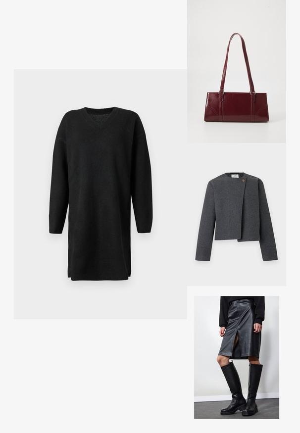 Grijze cropped jas van wolmix, met een ronde halslijn, lange mouwen en een houten knoop als accent op de voorzijde.; Zwarte gebreide sweaterjurk met een V-hals, lange mouwen en een losse pasvorm. De stof heeft een zachte textuur met geribbelde boorden aan de mouwen en zoom.; Zwarte leren kokerrok met een split aan de voorkant, gecombineerd met kniehoge zwarte laarzen met ritsen en een dikke zool voor extra hoogte.; Bourgondische handtas van glanzend materiaal, rechthoekige vorm, met twee schouderbanden en subtiele gebogen accenten aan de voorkant.