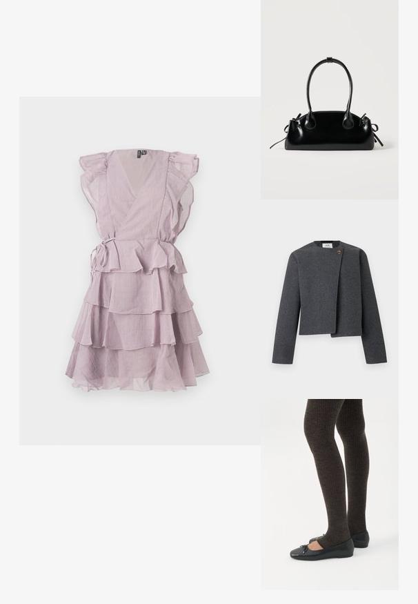 Chaqueta corta gris de mezcla de lana, con escote redondo, mangas largas y un botón de madera como detalle en el cierre frontal.; Vestido de lavanda con capas y mangas con volantes, diseño cruzado y un lazo en la cintura. Tela ligera y semitranslúcida, con detalles en capas.; Piernas con leggings oscuros acanalados combinados con bailarinas negras que presentan pequeños detalles de lazo sobre un fondo blanco.; Pequeño bolso negro brillante con dos asas largas y detalles de cordón lateral sobre un fondo claro liso.