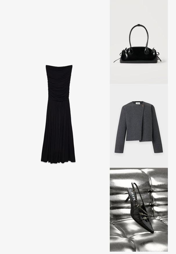 Chaqueta corta gris de mezcla de lana, con escote redondo, mangas largas y un botón de madera como detalle en el cierre frontal.; Vestido maxi negro sin tirantes con textura recogida en el torso y una falda fluida y plisada. Hecho de una tela suave y elástica.; Zapato negro tipo slingback con punta afilada, textura de cocodrilo, tachuelas doradas y detalles de hebilla, sobre un fondo plateado brillante.; Pequeño bolso negro brillante con dos asas largas y detalles de cordón lateral sobre un fondo claro liso.