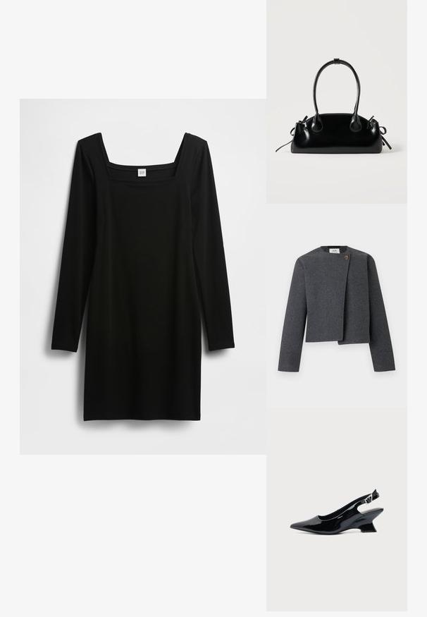 Chaqueta corta gris de mezcla de lana, con escote redondo, mangas largas y un botón de madera como detalle en el cierre frontal.; Vestido negro de manga larga con escote cuadrado, confeccionado en una tela suave y elástica. Diseño sencillo y ajustado al cuerpo sin patrones ni detalles adicionales.; Zapato slingback de cuero charol negro con puntera puntiaguda y tacón bajo en bloque inclinado sobre fondo claro liso.; Pequeño bolso negro brillante con dos asas largas y detalles de cordón lateral sobre un fondo claro liso.