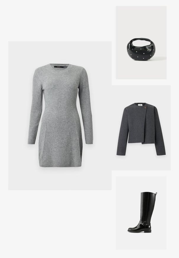 Veste grise courte en mélange de laine, avec un col rond, des manches longues et un bouton en bois en accent sur la fermeture avant.; Robe grise en tricot côtelé avec des manches longues et un col rond. Présente un design ajusté et des lignes verticales pour la texture. Tissu doux.; Bottes noires montantes en cuir verni, avec un détail de boucle argentée à la cheville et une conception à bout arrondi. Semelle plate.; Sac à main en cuir noir de forme arrondie, décoré de clous argentés et équipé d'une poignée courte. Texture lisse et fermeture éclair.