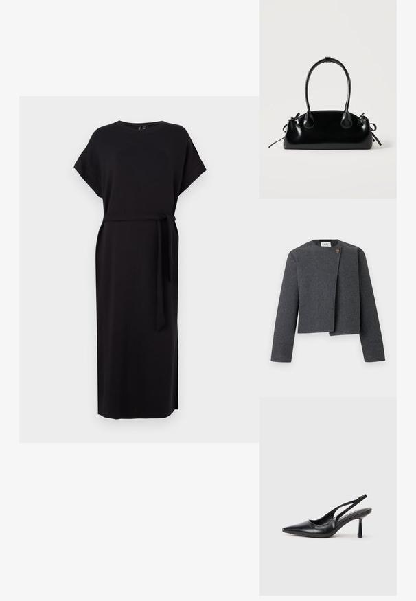 Chaqueta corta gris de mezcla de lana, con escote redondo, mangas largas y un botón de madera como detalle en el cierre frontal.; Vestido negro de manga corta con cuello redondo, aberturas laterales y cinturón ajustable en la cintura, hecho de una tela suave y fluida.; Zapato de tacón alto negro de cuero con puntera afilada y tacón delgado sobre un fondo blanco.; Pequeño bolso negro brillante con dos asas largas y detalles de cordón lateral sobre un fondo claro liso.