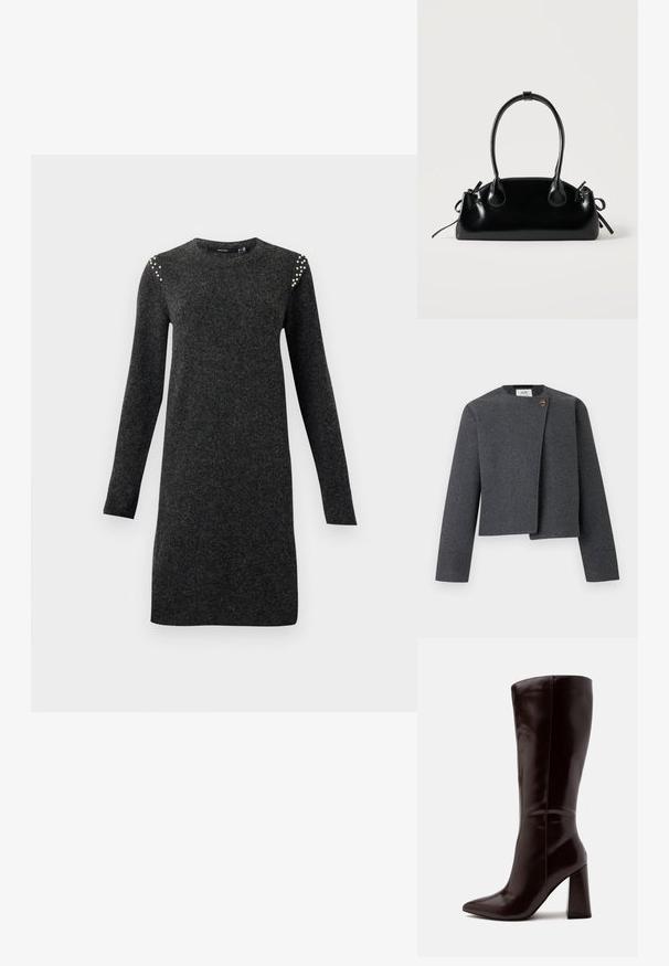 Graue Cropped-Jacke aus Wollmischung mit rundem Ausschnitt, langen Ärmeln und einem Holzknopf-Akzent am Vorderverschluss.; Dunkelgraues langärmliges Strickkleid mit rundem Ausschnitt und kleinen Perlenverzierungen an den Schultern, gerader Schnitt in knielanger Länge.; Hoher dunkelbrauner Lederstiefel mit spitzer Spitze und Blockabsatz vor hellem einfarbigem Hintergrund.; Kleine schwarze glänzende Handtasche mit zwei langen Griffen und seitlichen Kordelzug-Details vor einfachem hellem Hintergrund.