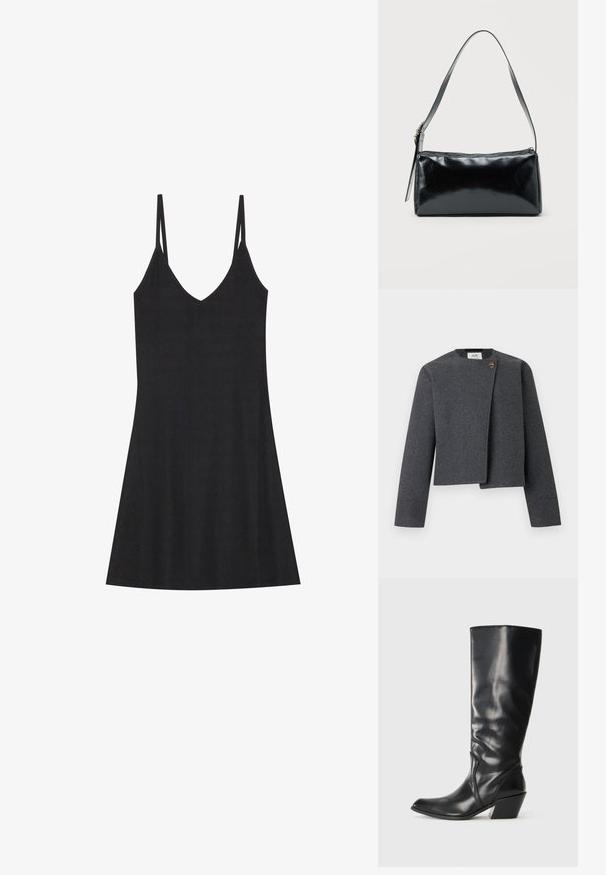 Chaqueta corta gris de mezcla de lana, con escote redondo, mangas largas y un botón de madera como detalle en el cierre frontal.; Vestido deslizante negro de canalé con escote en V y tirantes finos ajustables. Presenta un corte relajado, que cae por encima de las rodillas, con un diseño minimalista.; Bota de cuero negra hasta la rodilla con punta afilada, tacón angular y textura suave. Presenta un sutil acento de costura a lo largo del costado.; Bolso de hombro rectangular negro con una correa ajustable y un cierre de cremallera superior sobre un fondo liso.