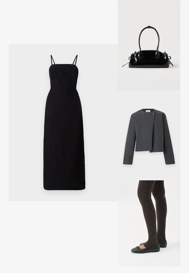 Graue Cropped-Jacke aus Wollmischung mit rundem Ausschnitt, langen Ärmeln und einem Holzknopf-Akzent am Vorderverschluss.; Schwarzes, bodenlanges Kleid mit dünnen Trägern, einem taillierten Oberteil und einer glatten Textur. Minimalistisches Design ohne Muster oder Akzente.; Beine in dunklen, gerippten Leggings kombiniert mit schwarzen Ballerinas mit kleinen Schleifendetails auf weißem Hintergrund.; Kleine schwarze glänzende Handtasche mit zwei langen Griffen und seitlichen Kordelzug-Details vor einfachem hellem Hintergrund.