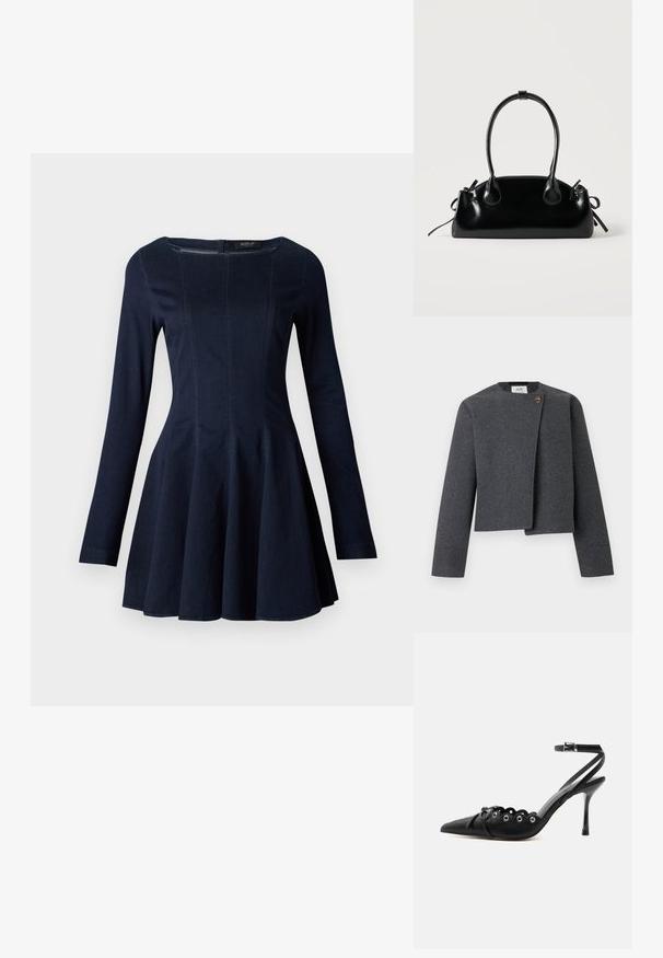 Graue Cropped-Jacke aus Wollmischung mit rundem Ausschnitt, langen Ärmeln und einem Holzknopf-Akzent am Vorderverschluss.; Navyblaue Denim-Langarmkleid mit tailliertem Oberteil und ausgestelltem Rock, ausgestattet mit dezentem Nahtdetail und rundem Ausschnitt.; Schwarzer, spitzer High-Heel-Schuh mit geschwungenen Kanten, Metallösen, Schnürung vorne und Knöchelriemen mit Schnallverschluss.; Kleine schwarze glänzende Handtasche mit zwei langen Griffen und seitlichen Kordelzug-Details vor einfachem hellem Hintergrund.