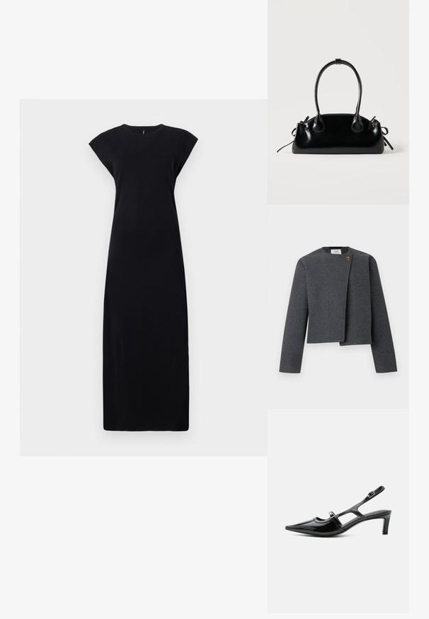 Chaqueta corta gris de mezcla de lana, con escote redondo, mangas largas y un botón de madera como detalle en el cierre frontal.; Vestido maxi negro sin mangas, hecho de una tela suave. Presenta un escote redondo y una silueta recta y suelta. Sin patrones ni acentos visibles.; Zapato slingback de charol negro con punta puntiaguda, tacón bajo y dos correas ajustables con hebillas, mostrado de perfil lateral.; Pequeño bolso negro brillante con dos asas largas y detalles de cordón lateral sobre un fondo claro liso.