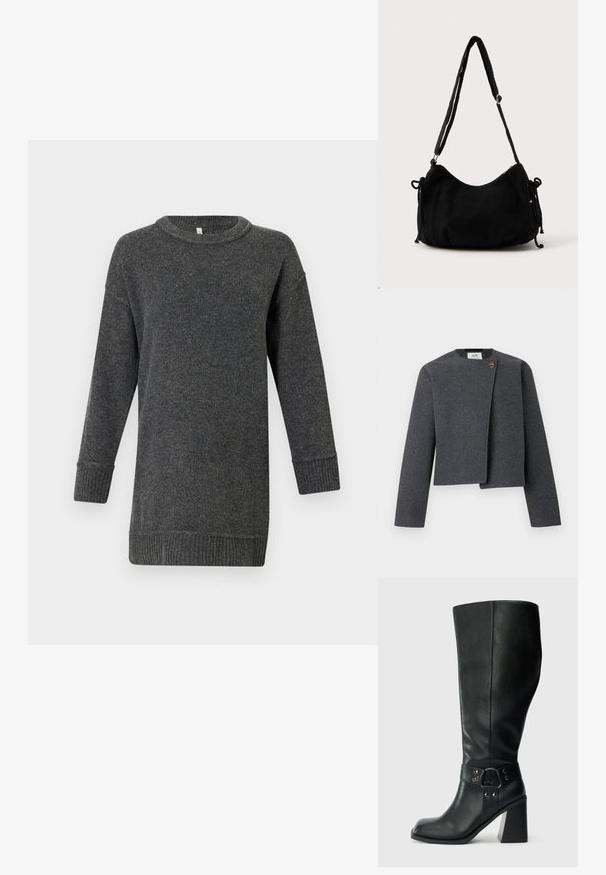 Graue Cropped-Jacke aus Wollmischung mit rundem Ausschnitt, langen Ärmeln und einem Holzknopf-Akzent am Vorderverschluss.; Dunkelgrauer, langärmeliger Wollpullover mit gerippten Bündchen und Saum, Rundhalsausschnitt und lockerer Passform.; Knöchelhöhe schwarze Lederstiefel mit quadratischer Spitze, breitem Absatz und einem dekorativen Riemen mit metallischen Akzenten um den Knöchel. Glatte Textur.; Schwarze Cordtasche mit geschwungener Form, verstellbarem Schultergurt und Kordelzugverschlüssen an beiden Seiten zur Größenanpassung.