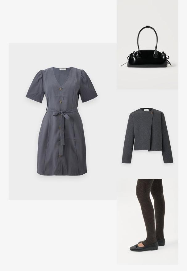 Graue Cropped-Jacke aus Wollmischung mit rundem Ausschnitt, langen Ärmeln und einem Holzknopf-Akzent am Vorderverschluss.; Graues Kleid mit V-Ausschnitt, kurzen, puffärmeln, Vorderknöpfen und einem Stoffgürtel. Glatte Textur und knielanges Design.; Beine in dunklen, gerippten Leggings kombiniert mit schwarzen Ballerinas mit kleinen Schleifendetails auf weißem Hintergrund.; Kleine schwarze glänzende Handtasche mit zwei langen Griffen und seitlichen Kordelzug-Details vor einfachem hellem Hintergrund.