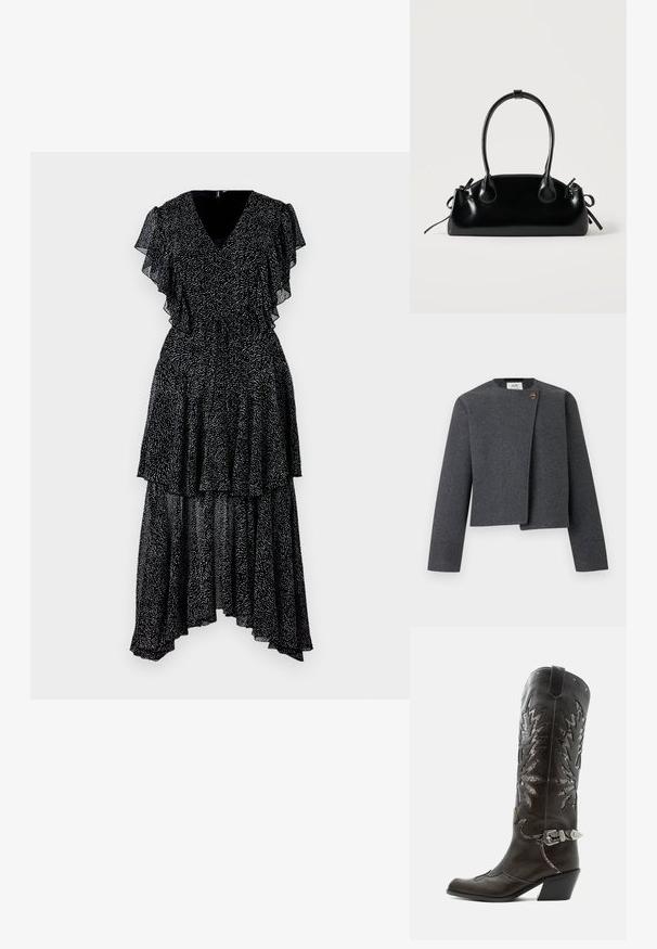 Graue Cropped-Jacke aus Wollmischung mit rundem Ausschnitt, langen Ärmeln und einem Holzknopf-Akzent am Vorderverschluss.; Schwarzes Kleid mit gestuften Rüschensäumen und V-Ausschnitt. Es hat ein Punktmuster, einen asymmetrischen Saum und eine taillierte Taille. Leichter Stoff.; Schwarzer Leder-Cowboystiefel mit dekorativen Ausschnitten, silberner Schnalle und schräger Ferse, auf weißem Hintergrund dargestellt.; Kleine schwarze glänzende Handtasche mit zwei langen Griffen und seitlichen Kordelzug-Details vor einfachem hellem Hintergrund.
