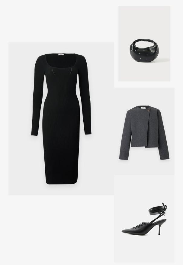 Veste grise courte en mélange de laine, avec un col rond, des manches longues et un bouton en bois en accent sur la fermeture avant.; Robe midi noire côtelée à manches longues, décolleté carré et coupe ajustée. Texture lisse avec une silhouette moulante.; Chaussure à talon haut noire à bout pointu avec laçage à l'avant et brides enroulées autour de la cheville nouées en nœud, vue de côté sur fond blanc.; Sac à main en cuir noir de forme arrondie, décoré de clous argentés et équipé d'une poignée courte. Texture lisse et fermeture éclair.