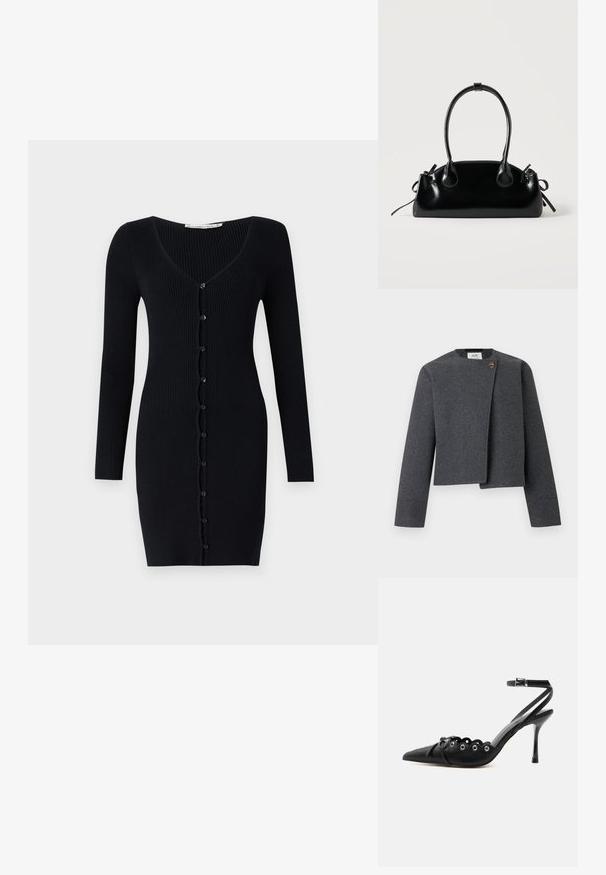 Veste grise courte en mélange de laine, avec un col rond, des manches longues et un bouton en bois en accent sur la fermeture avant.; Robe cardigan noir côtelée avec des manches longues, décolleté en V et des boutons sur l'avant. Présente une silhouette mince et ajustée.; Chaussure à talon haut noire à bout pointu, bords festonnés, œillets métalliques, lacets à l'avant et bride de cheville avec fermeture à boucle.; Petit sac à main noir brillant avec deux longues anses et des détails à cordon sur les côtés sur un fond clair uni.