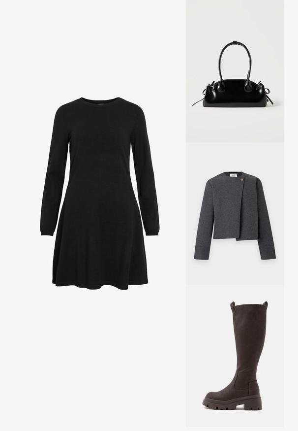 Graue Cropped-Jacke aus Wollmischung mit rundem Ausschnitt, langen Ärmeln und einem Holzknopf-Akzent am Vorderverschluss.; Schwarzes Langarmkleid aus Strickstoff mit rundem Ausschnitt und ausgestelltem Saum, das eine schlichte und taillierte Silhouette bietet.; Hoher dunkelbrauner knielanger Stiefel mit grober Sohle und Zuglaschen oben, entworfen für eine robuste und stilvolle Passform.; Kleine schwarze glänzende Handtasche mit zwei langen Griffen und seitlichen Kordelzug-Details vor einfachem hellem Hintergrund.