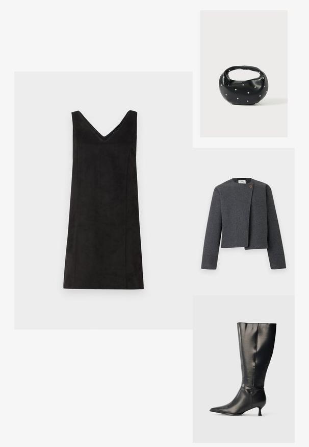 Chaqueta corta gris de mezcla de lana, con escote redondo, mangas largas y un botón de madera como detalle en el cierre frontal.; Vestido negro sin mangas con escote en V, hecho de un material suave, con corte recto y detalles mínimos. Textura suave.; Bota negra de cuero hasta la rodilla, con punta afilada y tacón bajo tipo kitten, mostrada sobre un fondo claro y sencillo.; Bolso de mano de cuero negro con forma redondeada, decorado con detalles de tachuelas plateadas y un asa corta. Textura lisa y cierre con cremallera.
