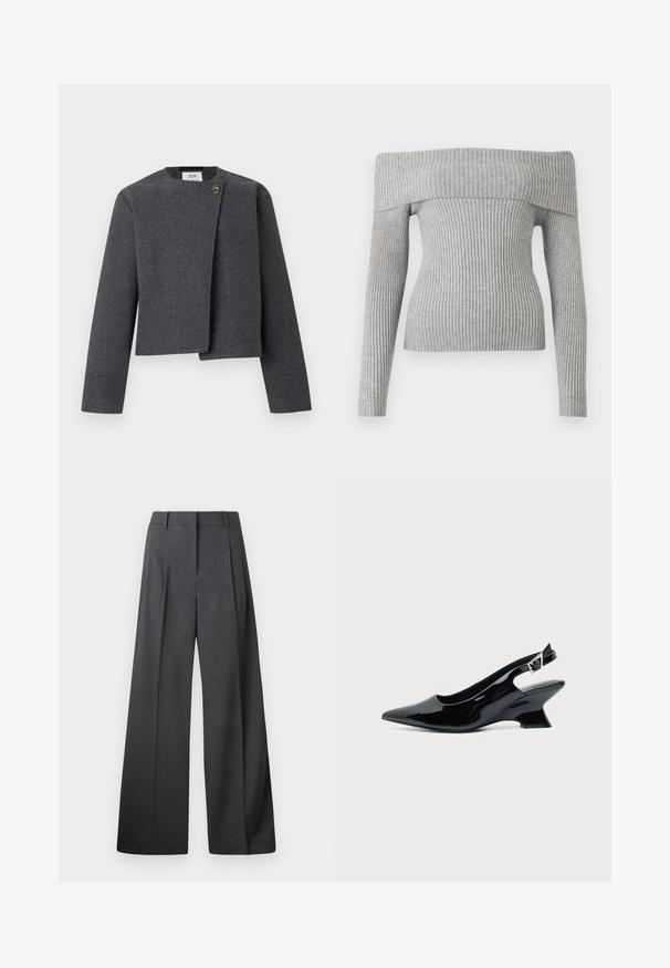 Grå kort jakke i uldblanding med rund halsudskæring, lange ærmer og en træknapdetalje på frontlukningen.; Grå ribbet sweater med off-the-shoulder design, lange ærmer og en tætsiddende silhuet. Fremstillet af struktureret strikstof.; Bredde benbukser i mørkegrå stof, med høj talje, enkelte læg og en glat tekstur med en ren finish ved kanten.; Sort laklæder slingback sko med spids tå og lav vinklet blokhæl på ensartet lys baggrund.