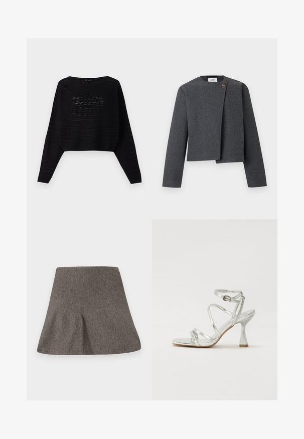 Chaqueta corta gris de mezcla de lana, con escote redondo, mangas largas y un botón de madera como detalle en el cierre frontal.; Suéter corto negro de punto con mangas largas, que presenta una textura de tejido abierto y un escote amplio. Ribete acanalado en la parte inferior y en los puños.; Falda A-line de lana gris con una cinturilla ancha y ligera textura, desplegada sobre un fondo blanco.; Sandalia de tacón alto plateada con múltiples correas entrecruzadas, una correa ajustable en el tobillo y un tacón esculpido, todo con un acabado metálico brillante.