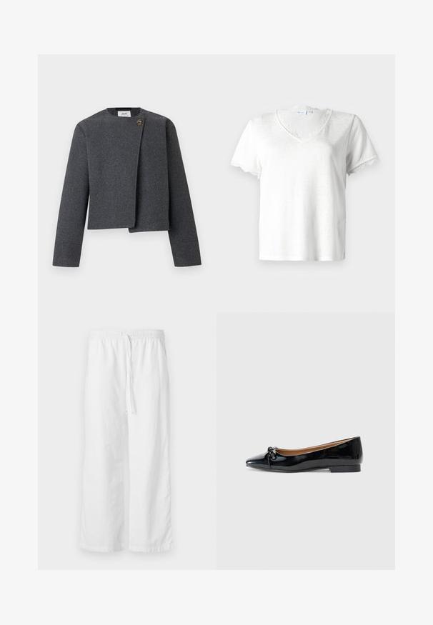 Chaqueta corta gris de mezcla de lana, con escote redondo, mangas largas y un botón de madera como detalle en el cierre frontal.; Camiseta blanca de manga corta con escote en V, que presenta un delicado borde de encaje en el cuello y los bordes de las mangas, fabricada con tejido ligero.; Pantalones anchos de textura blanca con cintura elástica y cordón ajustable. Diseño simple y minimalista, sin adornos.; Bailarinas de charol negras con punta afilada, detalle de un pequeño lazo en la parte delantera y un tacón cuadrado bajo. Textura suave y brillante.