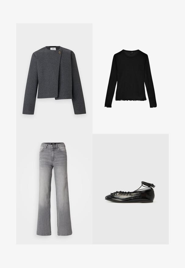Graue Cropped-Jacke aus Wollmischung mit rundem Ausschnitt, langen Ärmeln und einem Holzknopf-Akzent am Vorderverschluss.; Schwarzes Langarmshirt mit Rundhalsausschnitt und geschwungenen Kanten an Ärmeln und Saum, flach auf einem weißen Hintergrund ausgelegt.; Hochtaillierte graue Denim-Jeans mit geradem Bein, Frontknopf und Reißverschluss, Vorder- und Gesäßtaschen sowie ausgewaschenen Schattierungen an Oberschenkeln und Waden.; Schwarze Ballerinas aus Lackleder mit runder Spitze, Schnürdesign und flacher Sohle. Glatte Textur mit minimaler Verzierung.