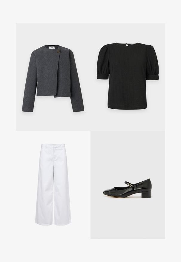 Chaqueta corta gris de mezcla de lana, con escote redondo, mangas largas y un botón de madera como detalle en el cierre frontal.; Blusa negra texturizada con mangas cortas abullonadas, escote redondo y cierre con ojal en la parte trasera. Hecha de tela ligera.; Pantalones anchos blancos de algodón, con una cinturilla estructurada y bolsillos frontales. Textura suave con un diseño limpio y minimalista.; ALDO DECIMA - Tacones - black