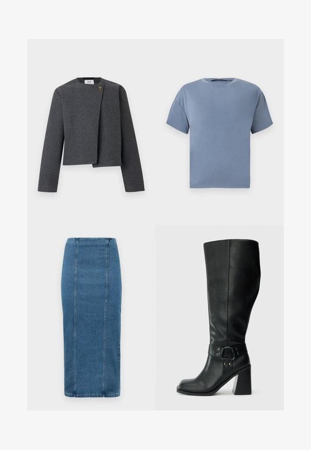 Graue Cropped-Jacke aus Wollmischung mit rundem Ausschnitt, langen Ärmeln und einem Holzknopf-Akzent am Vorderverschluss.; Kurzärmeliges T-Shirt mit Rundhalsausschnitt in einfarbigem, gedämpftem Blau, flach auf weißem Hintergrund dargestellt.; Blaue Denim-Bleistiftrock mit vertikalen Nähten und hohem Taillenbund, der unter das Knie fällt, auf einem weißen Hintergrund präsentiert.; Knöchelhöhe schwarze Lederstiefel mit quadratischer Spitze, breitem Absatz und einem dekorativen Riemen mit metallischen Akzenten um den Knöchel. Glatte Textur.