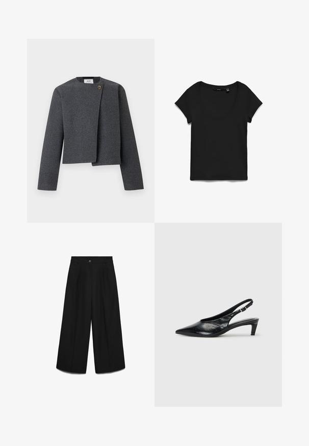 Veste grise courte en mélange de laine, avec un col rond, des manches longues et un bouton en bois en accent sur la fermeture avant.; T-shirt noir à manches courtes avec encolure ronde, posé à plat sur fond blanc, montrant la vue de face et la texture du tissu.; Pantalon noir taille haute sur mesure avec plis sur le devant, fermeture par un bouton unique et passants de ceinture, présenté sur un fond gris clair.; Escarpin à bride arrière en cuir noir avec un bout pointu, un petit talon et une sangle à boucle réglable. Texture lisse avec un minimalisme dans les détails.