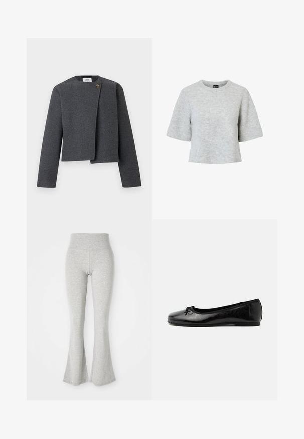 Graue Cropped-Jacke aus Wollmischung mit rundem Ausschnitt, langen Ärmeln und einem Holzknopf-Akzent am Vorderverschluss.; Grauer Kurzarmpullover aus strukturiertem Strickstoff, mit rundem Ausschnitt und kurzem Schnitt. Keine sichtbaren Muster oder Akzente.; Graue, ausgestellte Leggings aus weichem Material, mit einem elastischen Bund und einer glatten Textur, die am Saum zur Ausstülpung hin auslaufen.; Schwarzer glänzender Leder-Ballerina mit niedrigem Absatz und kleiner dekorativer Schleife vorne, seitlich auf hellem einfarbigem Hintergrund gezeigt.