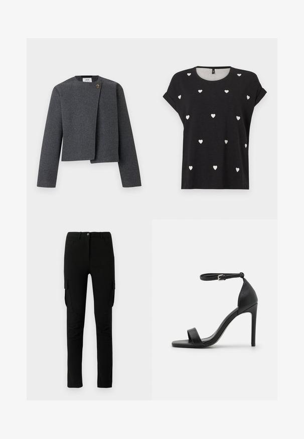 Grijze cropped jas van wolmix, met een ronde halslijn, lange mouwen en een houten knoop als accent op de voorzijde.; Zwart T-shirt met korte mouwen, versierd met verspreide kleine witte hartjes, ronde halslijn en een losse pasvorm. Gemaakt van een zacht textielmateriaal.; Zwarte cargobroek met een slim fit, voorzien van zijzakken, een knoopsluiting en een gladde, licht gestructureerde stof.; Zwarte sandalen met hoge hakken, met een slank ontwerp, voorzien van een enkelbandje, open teen en een gladde leren textuur.