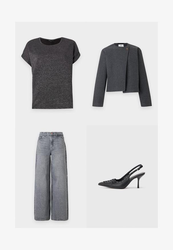 Veste grise courte en mélange de laine, avec un col rond, des manches longues et un bouton en bois en accent sur la fermeture avant.; T-shirt noir à manches courtes avec un col rond, doté d'un tissu texturé avec une subtile brillance. Coupe décontractée avec des manches retroussées.; Jean en denim à jambes larges dans un délavé gris, avec cinq poches, une fermeture à bouton et une texture douce avec des détails de whiskering subtils.; Escarpin en cuir noir à talon aiguille avec un bout pointu, une bride latérale à boucle, des clous le long du bord et un laçage décoratif à l'avant.