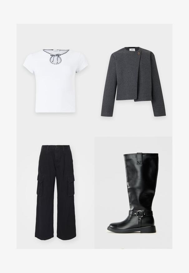 Veste grise courte en mélange de laine, avec un col rond, des manches longues et un bouton en bois en accent sur la fermeture avant.; T-shirt blanc à manches courtes avec un col rond et un détail de cordon noir et blanc en tissu à carreaux au niveau du col. Texture de tissu douce.; Pantalons cargo noirs fabriqués dans un tissu durable, dotés de jambes larges, de multiples poches latérales et d'une fermeture à bouton classique à la taille.; Bottes noires montantes en matériau synthétique lisse, avec un tige large, une accent en boucle en métal, et une semelle plate basse.