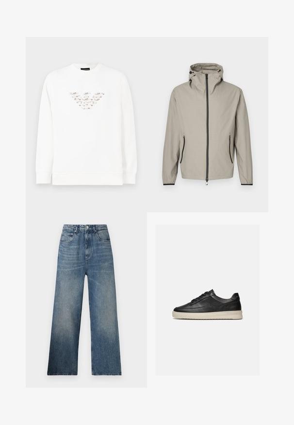 Let regnjakke i beige med tekstureret finish, justerbar hætte, frontlynlås og to sidelommer med sorte detaljer.; Hvid sweatshirt med et struktureret, flerfarvet logo designet i midten. Lange ærmer og en ribbet rund halsudskæring. Blødt materiale.; Blå denim bredbenede jeans med høj talje, subtilt slid, fem lommer og metalknaplukning foran.; Sort lavtop lædersneaker med sorte snørebånd og en tyk off-white gummisål, vist på en hvid baggrund.