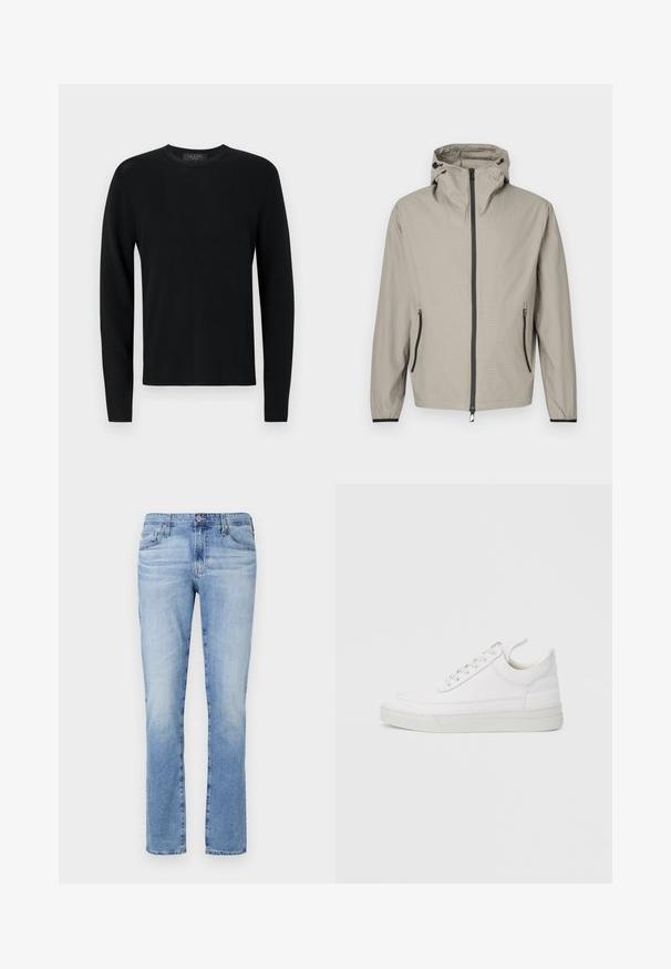 Let regnjakke i beige med tekstureret finish, justerbar hætte, frontlynlås og to sidelommer med sorte detaljer.; Sort bomulds sweater med lange ærmer, ribbet tekstur, rund hals og tætsiddende ærmer. Enkel design uden mønstre eller detaljer.; Lyseblå denimjeans med lige ben, med knaplukning, fem lommer og let falmning i stoffet.; Hvid lædersneaker med rundet tå, flad sål og snørebånd foran. Har syningsdetaljer og polstret krave for komfort.
