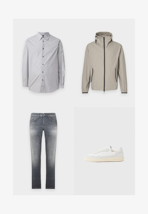 Let regnjakke i beige med tekstureret finish, justerbar hætte, frontlynlås og to sidelommer med sorte detaljer.; Langærmet skjorte med knapper i lys grå med lille sort geometrisk mønster, standard krave og sorte knapper langs fronten.; Denimjeans i en falmet gråblå farve med en lige pasform, der har et klassisk design med fem lommer og en lukning med knapper foran.; Hvid sneakers med en øvre del i tekstureret ruskind og læder. Har rundet tå, snørelukning og kontrasterende beige gummisål.