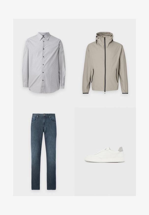 Veste de pluie beige légère avec une finition texturée, capuche ajustable, fermeture éclair avant et deux poches latérales avec des accents noirs.; Chemise à manches longues avec boutons, de couleur gris clair avec un petit motif géométrique noir, col standard, et boutons noirs sur le devant.; Jean en denim bleu foncé avec un design à jambe droite, cinq poches, fermeture à bouton avant et détails de couture subtils.; Baskets basses blanches avec un onglet de talon gris, des lacets blancs et une semelle texturée, présentées sur un fond uni clair.