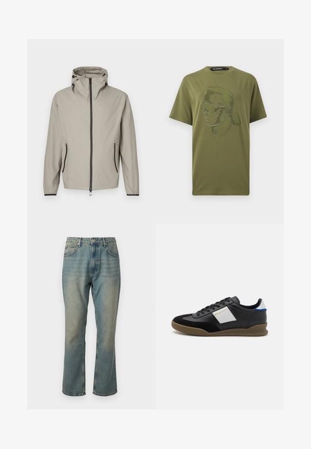 Lichtgewicht, beige regenjas met een gestructureerde afwerking, verstelbare capuchon, ritssluiting aan de voorkant en twee zijzakken met zwarte accenten.; Olivengroen T-shirt met korte mouwen met een geometrisch lijntekeningportret van een persoon met een zonnebril en een hoge kraag.; Vervaagde blauwe denim jeans met een rechte pijp, vijf zakken en een knoopsluiting. Heeft subtiele details met een lichtere wassing.; Zwarte leren en suède sneakers met een grijze paneel, een bruine rubberen zool en een blauwe accent op de hiel. Voorzien van veters en een reliëflogo.
