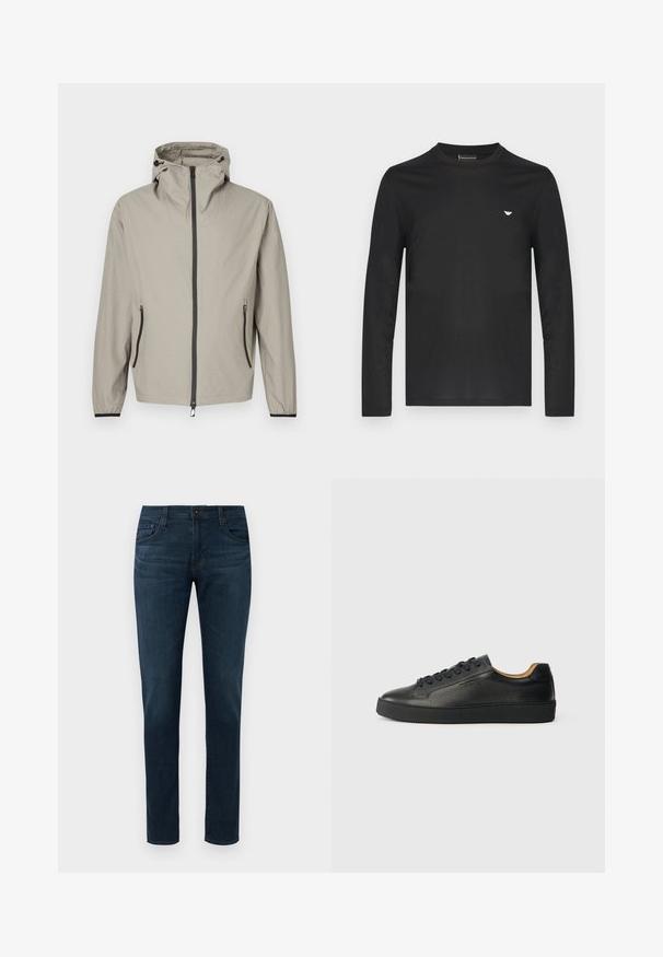 Let regnjakke i beige med tekstureret finish, justerbar hætte, frontlynlås og to sidelommer med sorte detaljer.; Sort langærmet T-shirt lavet af bomuld. Har rund halsudskæring og en lille guldfarvet logo på venstre bryst. Glat tekstur, tætsiddende design.; Mørkeblå slim-fit jeans med fem lommer, frontknap og lynlås, præsenteret mod en hvid baggrund.; Sorte lavtop lædersneakers med tekstureret overflade, sorte snørebånd og tyk gummisål, vist fra siden på en lys baggrund.