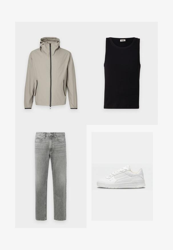Lichtgewicht, beige regenjas met een gestructureerde afwerking, verstelbare capuchon, ritssluiting aan de voorkant en twee zijzakken met zwarte accenten.; Zwart mouwloos tanktop gemaakt van zachte katoen. Heeft een ronde halslijn en een rechte snit, met minimale stikdetails.; Grijze denim jeans met een rechte pijp, voorzien van een klassiek vijf-pocket ontwerp en subtiele vervaging voor textuur. Standaard ritsopening.; Witte lage sneaker met geperforeerde details en een mesh zijpaneel, met een dikke zool en veterontwerp.