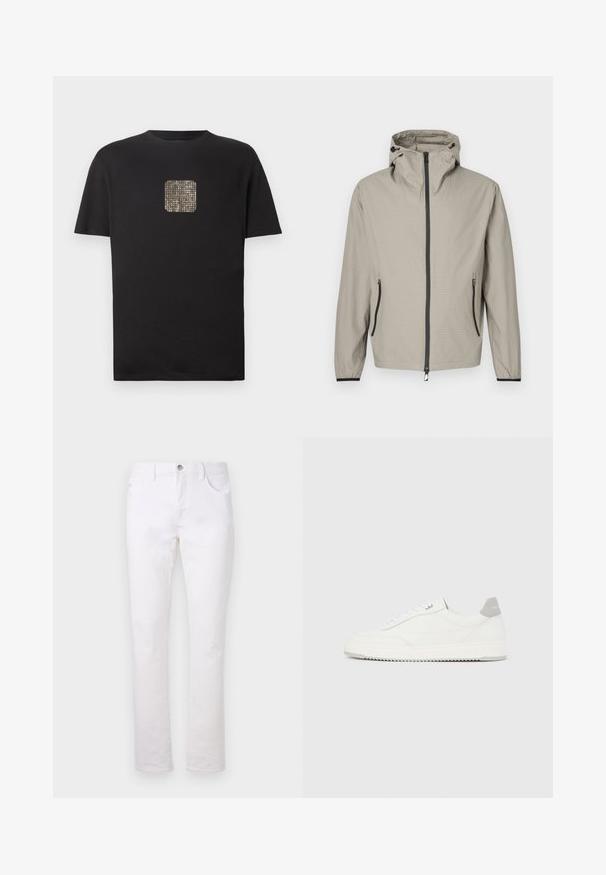 Lichtgewicht, beige regenjas met een gestructureerde afwerking, verstelbare capuchon, ritssluiting aan de voorkant en twee zijzakken met zwarte accenten.; Zwarte katoen t-shirt met een vierkant, gouden, met studs versierd ontwerp op de voorkant. Korte mouwen, ronde hals en een ontspannen pasvorm.; Witte denimjeans met een rechte pijp, voorzien van twee voorzakken, een achterzak en een metalen knoopsluiting in de taille.; Witte lage sneaker met grijze hielpatch, witte veters en een gestructureerde zool, gepresenteerd op een effen lichte achtergrond.