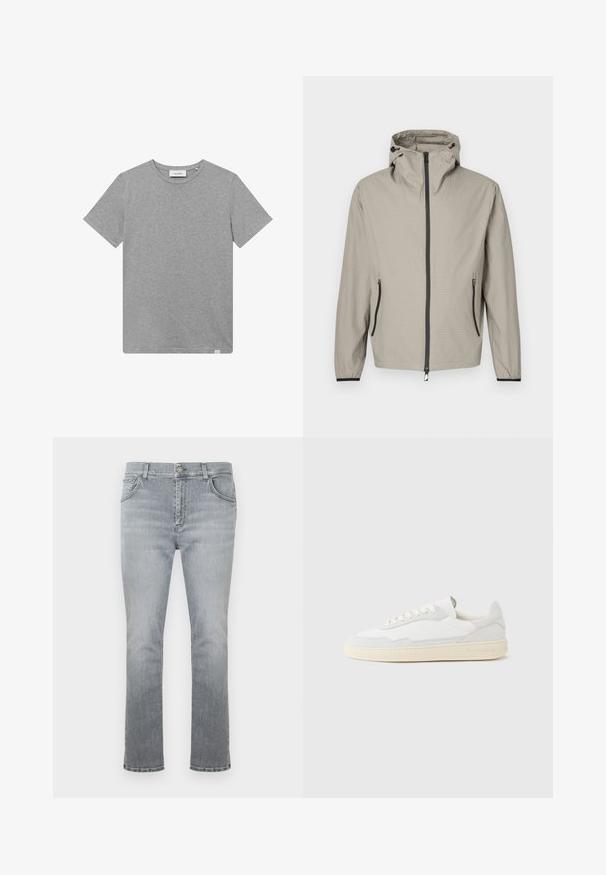 Chaqueta impermeable ligera de color beige con acabado texturizado, capucha ajustable, cremallera frontal y dos bolsillos laterales con detalles en negro.; Camiseta gris de manga corta hecha de una mezcla de algodón. Presenta un cuello redondo y un pequeño detalle de logo en el lado izquierdo del frente.; Vaqueros de mezclilla gris claro con corte de pierna recta, diseño de cinco bolsillos y una textura sutilmente desgastada. Cuenta con un cierre frontal de botones.; Zapatilla blanca con parte superior texturizada de ante y cuero. Presenta una puntera redondeada, cierre con cordones y suela de goma beige contrastante.