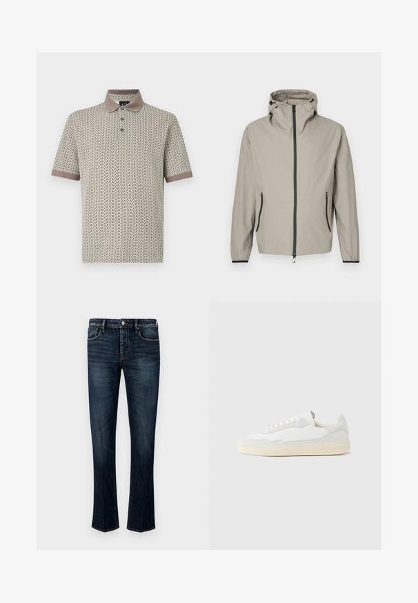 Lichtgewicht, beige regenjas met een gestructureerde afwerking, verstelbare capuchon, ritssluiting aan de voorkant en twee zijzakken met zwarte accenten.; Korte mouwen polo shirt in beige stof met een bruine kraag en een patroon van herhalende zigzagvormen in donkere tonen.; Donkerblauwe denim jeans met een recht model, voorzien van een vijf-pocketstijl, zichtbare stiksels en een knoop- en ritssluiting.; Witte sneaker met een bovenwerk van gestructureerd suède en leer. Voorzien van een afgeronde neus, vetersluiting en een contrasterende beige rubberen zool.