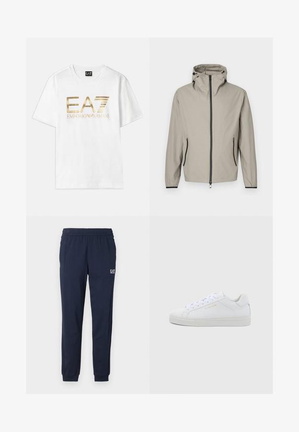 Let regnjakke i beige med tekstureret finish, justerbar hætte, frontlynlås og to sidelommer med sorte detaljer.; Hvid bomulds t-shirt med et stort guldmetallic "EA7" logo og teksten "EMPORIO ARMANI" nedenunder, med korte ærmer og rund hals.; Mørkeblå sweatpants med elastisk talje og manchetter. Har et lille hvidt logo på venstre ben. Fremstillet af et blødt, strækbart materiale.; Hvide sneakers i lav model og læder med rund snude, flade snørebånd, tekstureret sål og diskret guldfarvet logo på siden. Glat overflade og minimalistisk design.